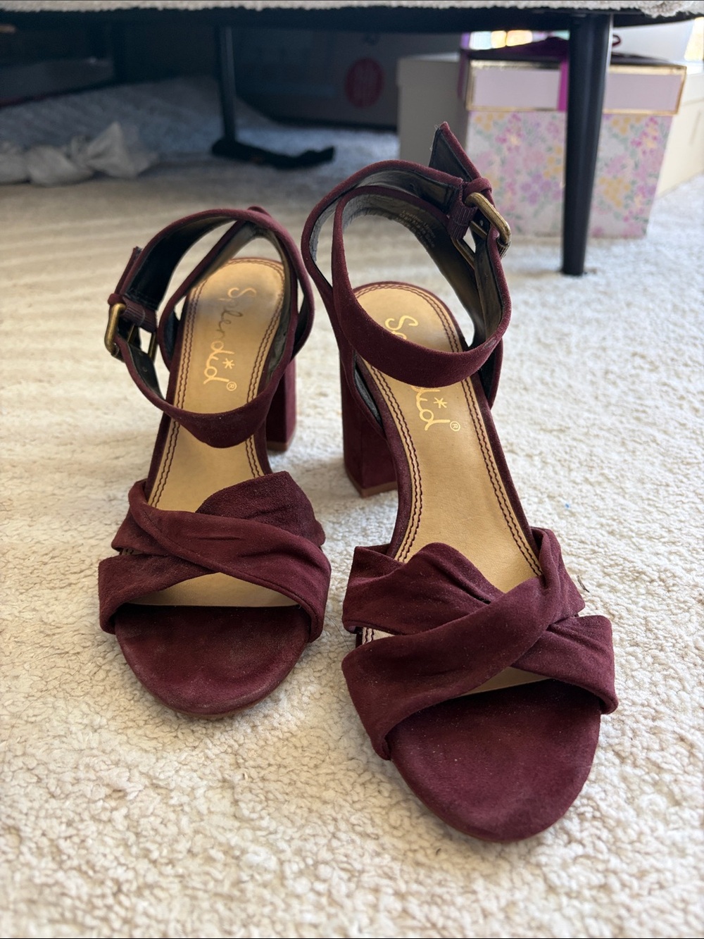 Splendid Burgundy Suede Knotted Block Heel Sandals